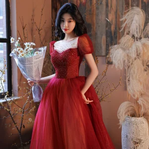 Fashion Red Prom Dresses 2021 A Line Princess Scoop Neck Beading Crystal Sequins Short Sleeve Backless Floor Length Long Prom Formal Dresses