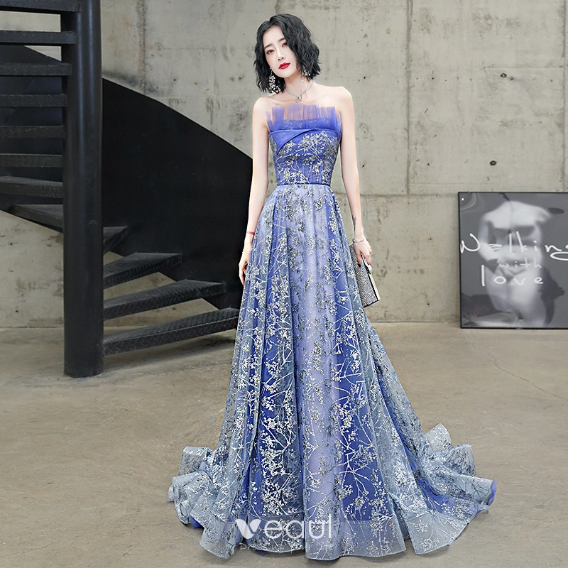 Sparkly Ocean Blue Evening Dresses 2020 A-Line / Princess Strapless Glitter  Beading Sequins Sleeveless Backless Court Train Formal Dresses