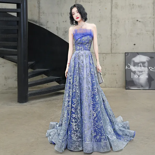 Sparkly Ocean Blue Evening Dresses  2020 A-Line / Princess Strapless Glitter Beading Sequins Sleeveless Backless Court Train Formal Dresses