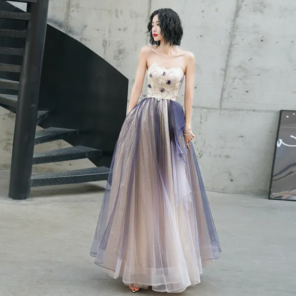 Mode Dégradé De Couleur Robe De Soirée 2020 Princesse épaules Glitter Paillettes Perle Sans Manches Dos Nu Longue Robe De Ceremonie