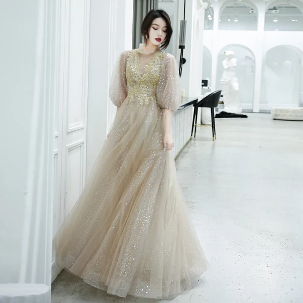 Sparkly Charming Champagne Evening Dresses 2020 A-Line / Princess Scoop Neck Beading Sequins Lace Flower 1/2 Sleeves Backless Floor-Length / Long Formal Dresses Sparkly Charming Champagne Evening Dresses 2020 A-Line / Princess Scoop Neck Beading Sequins Lace Flower 1/2 Sleeves Backless Floor-Length / Long Formal Dresses
