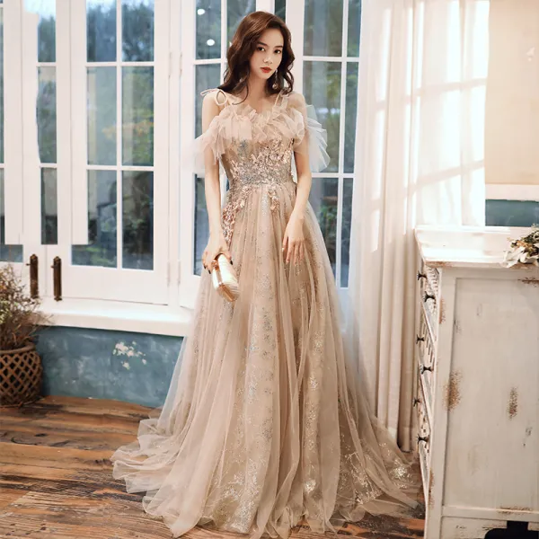 Glamorous Champagne Evening Dresses  2020 A-Line / Princess Spaghetti Straps Beading Sequins Lace Flower Sleeveless Backless Sweep Train Formal Dresses