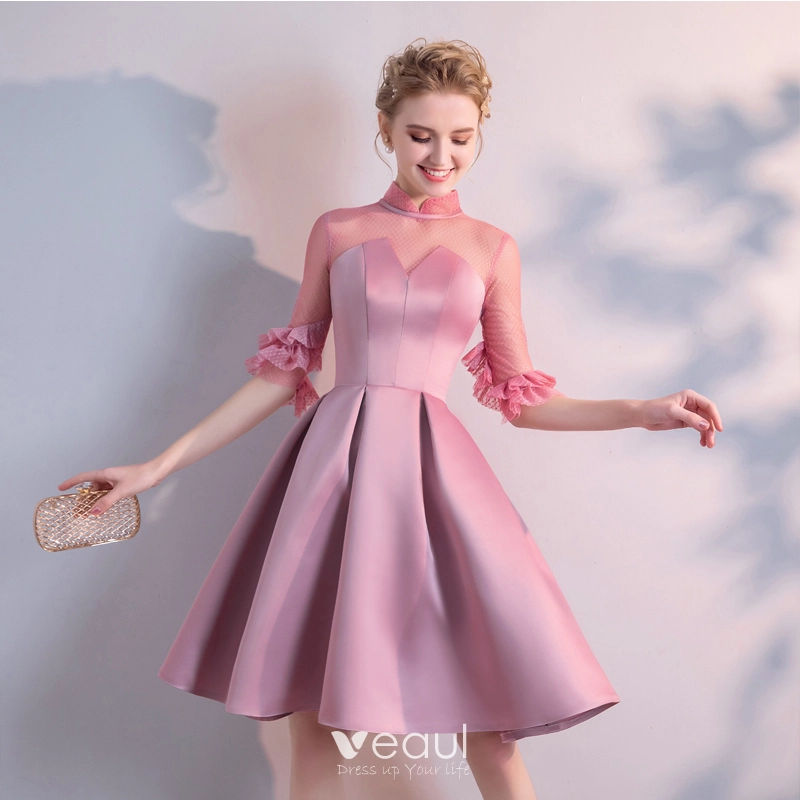 Chic / Beautiful Candy Pink Homecoming Graduation Dresses 2020 A-Line / Princess High Neck 1/2 Sleeves Knee-Length Formal Dresses Chic / Beautiful Candy Pink Homecoming Graduation Dresses 2020 A-Line / Princess High Neck 1/2 Sleeves Knee-Length Formal Dresses
