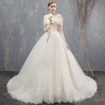 Elegant Champagne Wedding Dresses Ball Gown Lace Off The Shoulder Backless Sleeveless Chapel Train Wedding
