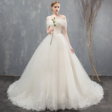 Elegant Champagne Wedding Dresses Ball Gown Lace Off The Shoulder Backless Sleeveless Chapel Train Wedding