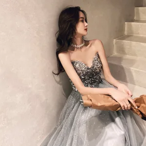 Scintillantes Sexy Argenté Glitter Paillettes Robe De Soirée 2021 Princesse Bustier Sans Manches Dos Nu Longue Robe De Ceremonie