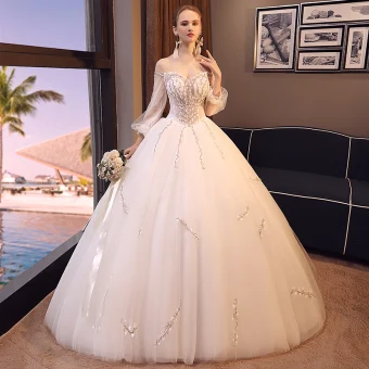Élégant Ivoire Robe De Mariée 2018 Robe Boule Perlage En Dentelle Fleur De L Épaule Dos Nu 3 4 Manches Longue Mariage