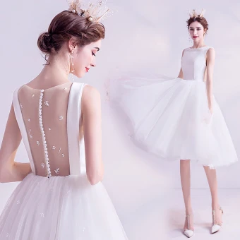 Modest Simple White Wedding Dresses A Line Princess 2020 Covered Button Scoop Neck Beading Sleeveless Knee Length
