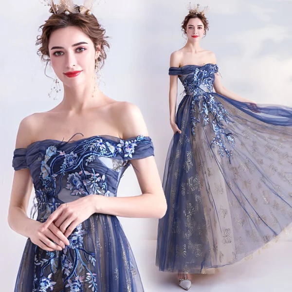 Élégant Bleu Marine Robe De Soirée 2020 Princesse Glitter De l'épaule Perlage En Dentelle Fleur Sans Manches Dos Nu Longue Robe De Ceremonie