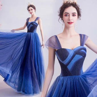 Elegant Ocean Blue Glitter Evening Dresses 2020 A Line Princess Spaghetti Straps Sleeveless Backless Floor Length Long Formal Dresses