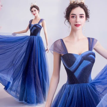 Elegant Ocean Blue Glitter Evening Dresses 2020 A Line Princess Spaghetti Straps Sleeveless Backless Floor Length Long Formal Dresses