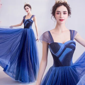 Elegant Ocean Blue Glitter Evening Dresses 2020 A Line Princess Spaghetti Straps Sleeveless Backless Floor Length Long Formal Dresses