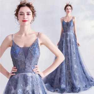 Sparkly Ocean Blue Glitter Evening Dresses 2020 A Line Princess Spaghetti Straps Sequins Sleeveless Backless Sweep Train Formal Dresses