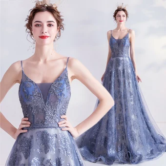Scintillantes Océan Bleu Glitter Robe De Soirée 2020 Princesse Bretelles Spaghetti Paillettes Sans Manches Dos Nu Train De Balayage Robe De Ceremonie