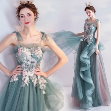 Fashion Mint Green Evening Dresses 2020 A Line Princess Spaghetti Straps Pearl Rhinestone Lace Flower Sleeveless Backless Cascading Ruffles Floor Length Long Formal Dresses