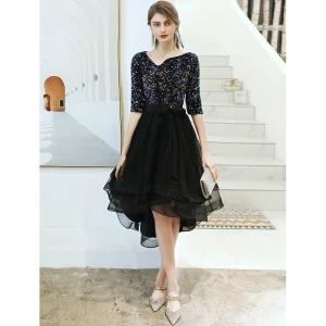 Fashion Black Cocktail Dresses 2020 A Line Princess V Neck Sequins Bow 1 2 Sleeves Asymmetrical Formal Dresses