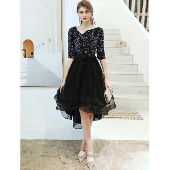 Fashion Black Cocktail Dresses 2020 A Line Princess V Neck Sequins Bow 1 2 Sleeves Asymmetrical Formal Dresses
