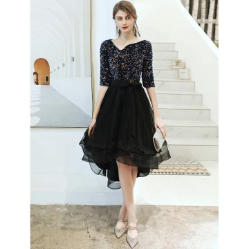 Fashion Black Cocktail Dresses 2020 A Line Princess V Neck Sequins Bow 1 2 Sleeves Asymmetrical Formal Dresses