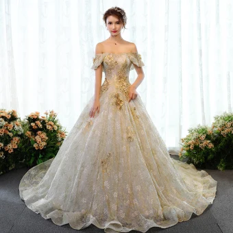 Luxury Gorgeous Gold Wedding Dresses 2018 Ball Gown Glitter Lace Appliques Beading Rhinestone Pearl Off The Shoulder Backless Sleeveless Court Train Wedding