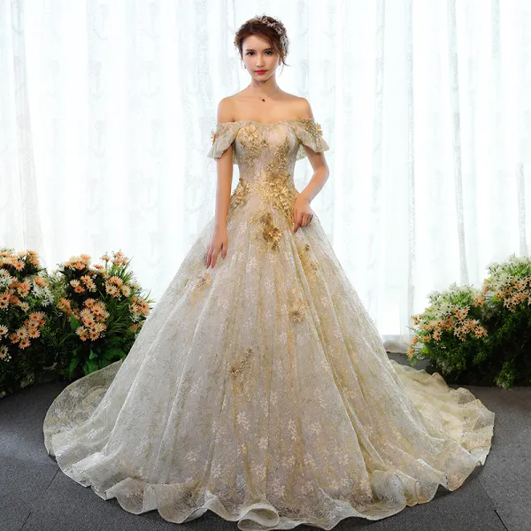 Luxury / Gorgeous Gold Wedding Dresses 2018 Ball Gown Glitter Lace Appliques Beading Rhinestone Pearl Off-The-Shoulder Backless Sleeveless Court Train Wedding