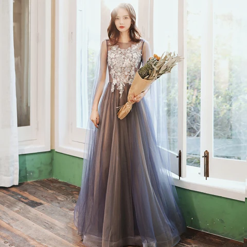 Elegante Meeresblau Abendkleider 2020 A Linie Rundhalsausschnitt Applikationen Spitze Blumen Perlenstickerei Pailletten Ärmellos Rückenfreies Lange Festliche Kleider