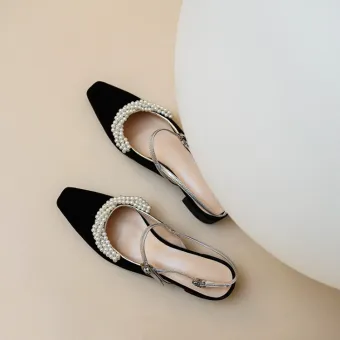 Elegant Black Dating Leather Womens Shoes 2020 Pearl Ankle Strap 7 Cm Thick Heels Pointed Toe Heels