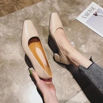 Modest Simple Beige Office Ol Pumps 2020 5 Cm Thick Heels Square Toe Pumps