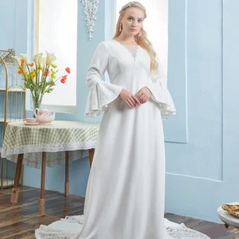 Modest Simple Ivory Lace Plus Size Wedding Dresses 2021 Trumpet Mermaid Square Neckline Bell Sleeves Backless Court Train Wedding