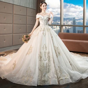 Chic Beautiful Champagne Wedding Dresses 2018 Ball Gown Lace Flower Beading Crystal Sequins Off The Shoulder Backless Sleeveless Royal Train Wedding