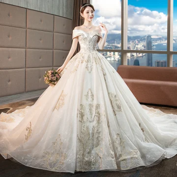 Chic Beautiful Champagne Wedding Dresses 2018 Ball Gown Lace Flower Beading Crystal Sequins Off The Shoulder Backless Sleeveless Royal Train Wedding