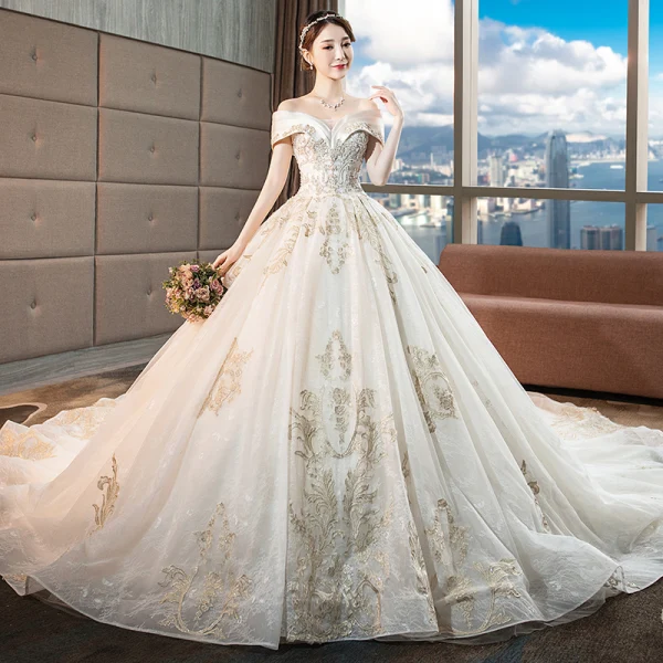 Chic / Beautiful Champagne Wedding Dresses 2018 Ball Gown Lace Flower Beading Crystal Sequins Off-The-Shoulder Backless Sleeveless Royal Train Wedding