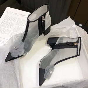Chic Beautiful Black Street Wear See Through Womens Boots 2020 Appliques 6 Cm Thick Heels Pointed Toe Boots