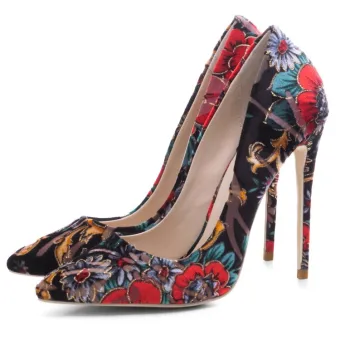 Chinese Style Multi Colors Prom Pumps 2020 Embroidered Flower 12 Cm Stiletto Heels Pointed Toe Pumps