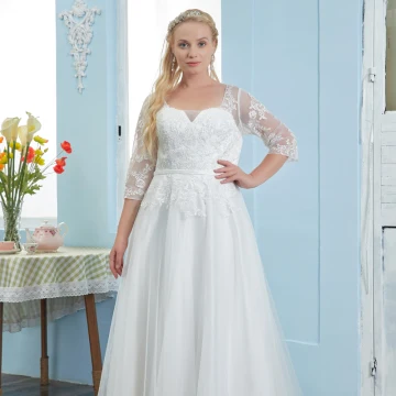 Chic Belle Ivoire En Dentelle Fleur Grande Taille Robe De Mariée 2021 Princesse Encolure Carrée Ceinture 1 2 Manches Train De Balayage Mariage