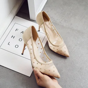 Fashion Beige Dating Spotted Pumps 2020 9 Cm Stiletto Heels Pointed Toe Pumps