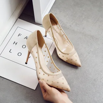 Fashion Beige Dating Spotted Pumps 2020 9 Cm Stiletto Heels Pointed Toe Pumps