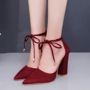 Prisvärd Burgundy Casual Sandaler Dam 2020 Ankelband 10 Cm Tjocka Klackar Spetsiga Sandaler