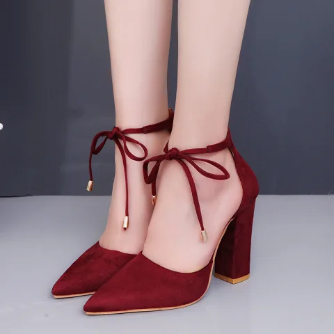 Prisvärd Burgundy Casual Sandaler Dam 2020 Ankelband 10 cm Tjocka Klackar Spetsiga Sandaler