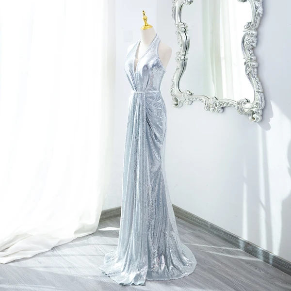 Scintillantes Argenté Paillettes Robe De Soirée 2024 Trompette / Sirène Titulaire Sans Manches Dos Nu Train De Balayage Soirée Robe De Ceremonie