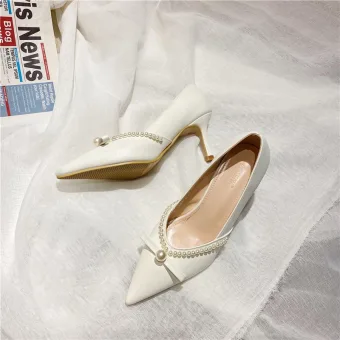 Elegant Ivory Dating Pearl Bow Pumps 2021 7 Cm Stiletto Heels Pointed Toe Pumps High Heels