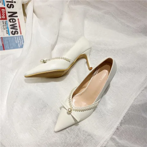 Elegante Ivory / Creme Datierung Perle Schleife Pumps 2021 7 cm Stilettos Spitzschuh Pumps Hochhackige