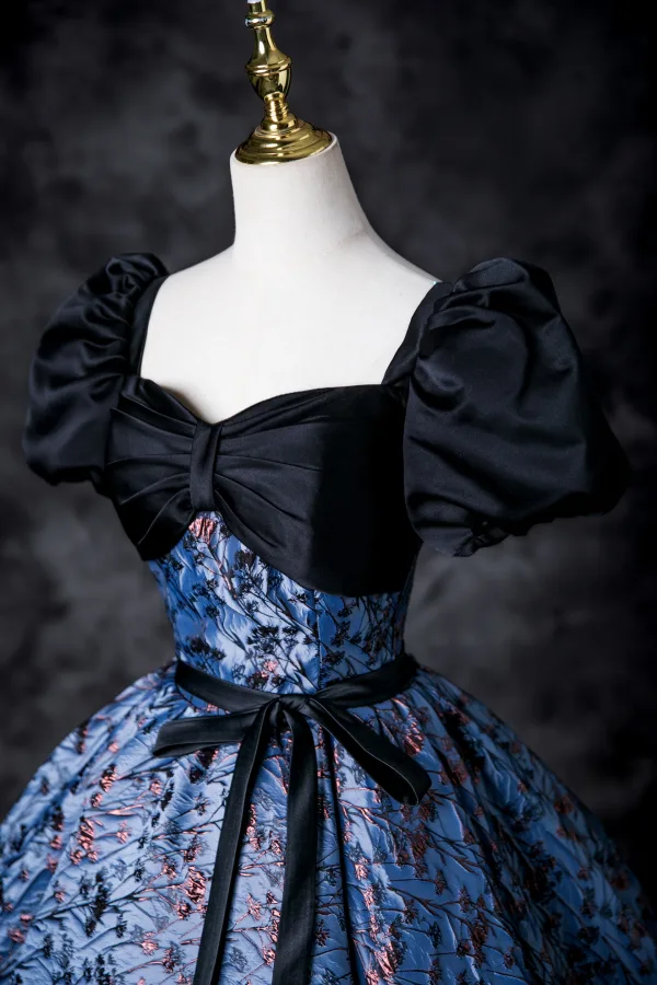 Vintage / Retro Navy Blue Printing Prom Dresses 2025 Ball Gown Square Neckline Puffy Short Sleeve Bow Sash Backless Floor-Length / Long Prom Formal Dresses