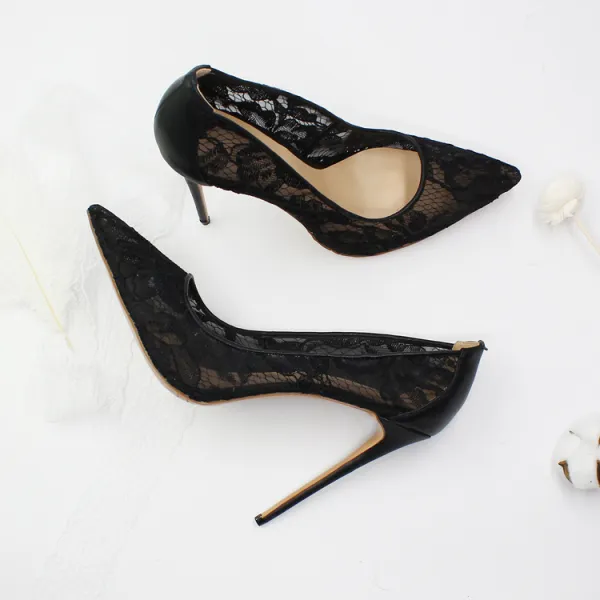 Sexy Black Lace Evening Party Pumps 2020 12 cm Stiletto Heels Pointed Toe Pumps