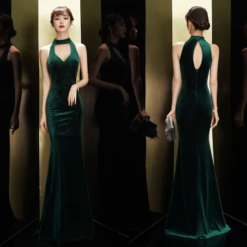 Sexy Dark Green Suede Evening Dresses 2020 Trumpet Mermaid Scoop Neck Rhinestone Sleeveless Floor Length Long Formal Dresses