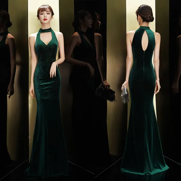 Sexy Dark Green Suede Evening Dresses  2020 Trumpet / Mermaid Scoop Neck Rhinestone Sleeveless Floor-Length / Long Formal Dresses