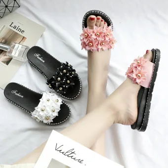 Abordable Rougissant Rose Désinvolte Plage Pantoufle Tongs 2020 Fleur Perle Paillettes Peep Toes Bout Ouvert Plate Chaussures Femmes