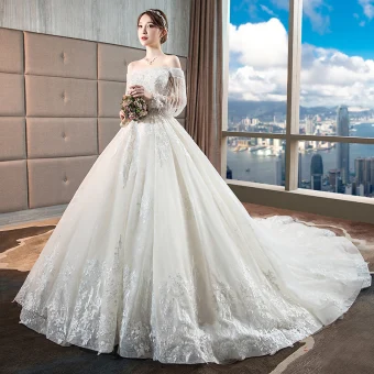 Luxury Gorgeous Champagne Wedding Dresses 2018 Ball Gown Lace Appliques Beading Tassel Sequins Off The Shoulder Backless 3 4 Sleeve Royal Train Wedding