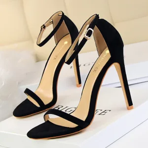 Sexig Svarta Gatukläder Sandaler Dam 2020 Ankelband 11 Cm Stilettklackar Peep Toe Sandaler