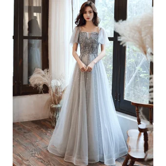 Charmant Gris Robe De Soirée 2020 Princesse Encolure Carrée Perlage Paillettes En Dentelle Fleur Manches Courtes Dos Nu Longue Robe De Ceremonie