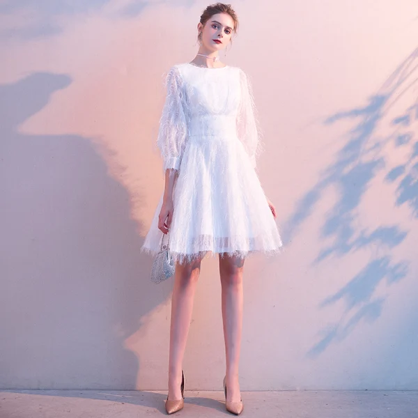 Elegant Ivory Homecoming Tassel Graduation Dresses 2020 A-Line / Princess Scoop Neck 3/4 Sleeve Bow Elegant Ivory Homecoming Tassel Graduation Dresses 2020 A-Line / Princess Scoop Neck 3/4 Sleeve Bow